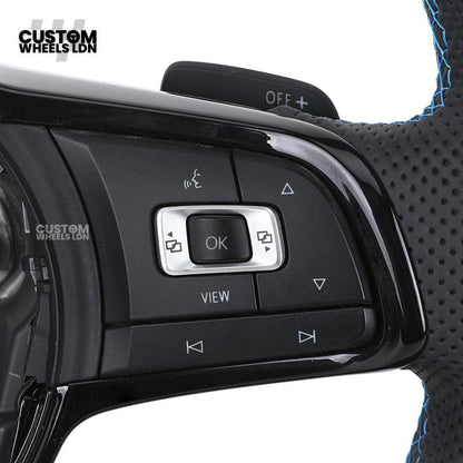 Volkswagen Custom Steering Wheel – Alcantara & Perforated Leather, Blue Centre Stripe, Flat Bottom, OEM Buttons | Fits Golf GTI, R, Polo, Passat + more | Plug & Play Retrofit Upgrade