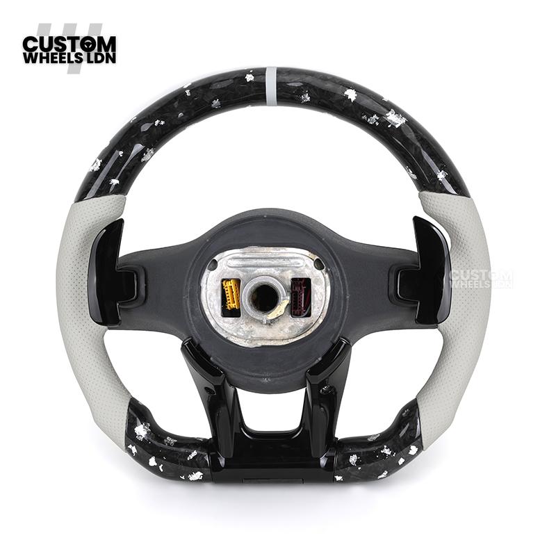 Mercedes Custom AMG Flat Bottom Steering Wheel – White Leather & White Flake Forged Carbon, White Stripe, Black Trim, Touch Control Buttons, AMG Badge | Fits C-Class, E-Class, CLS, GLC, GLE, G-Class + more | Plug & Play | Retrofit Upgrade for Older Models