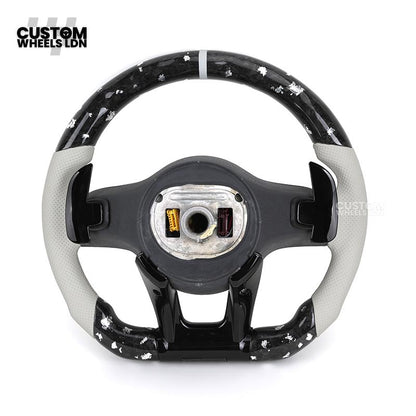 Mercedes Custom AMG Flat Bottom Steering Wheel – White Leather & White Flake Forged Carbon, White Stripe, Black Trim, Touch Control Buttons, AMG Badge | Fits C-Class, E-Class, CLS, GLC, GLE, G-Class + more | Plug & Play | Retrofit Upgrade for Older Models