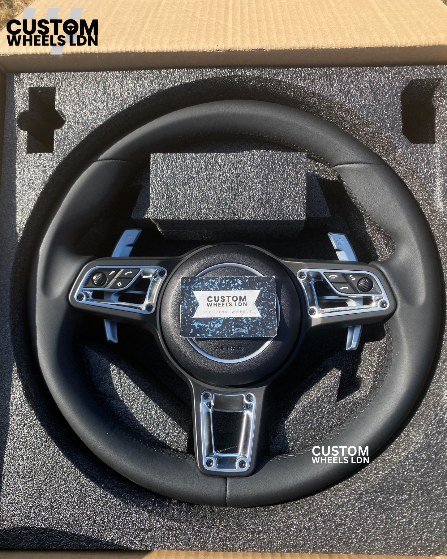 Porsche Custom Steering Wheel – Black Smooth Leather with Chrome Trim | Fits 991, 997, 981, Panamera, Cayenne + more (2000+ Plug & Play | PDK/Tiptronic)
