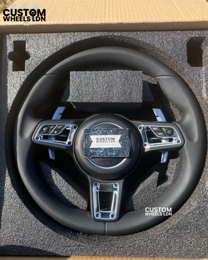 Porsche Custom Steering Wheel – Black Smooth Leather with Chrome Trim | Fits 991, 997, 981, Panamera, Cayenne + more (2000+ Plug & Play | PDK/Tiptronic)