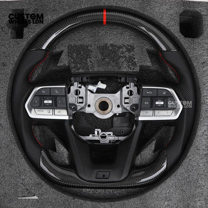 Toyota Custom GR Steering Wheel – Carbon Fiber, Flat Bottom, Red Center Stripe, Perforated Grips | Fits Yaris GR, Corolla GR + More | Plug & Play | Sporty Upgrade with Paddle Cutouts | Track-Inspired Retrofit