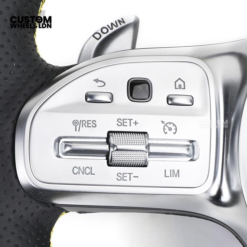 Mercedes Custom AMG Steering Wheel Carbon & Black Leather | Yellow Racing Stripe | AMG Style | Paddle Shifters | Complete Retrofit | Fits A-Class, C-Class, E-Class, GLC, CLA, W176, W205 + more