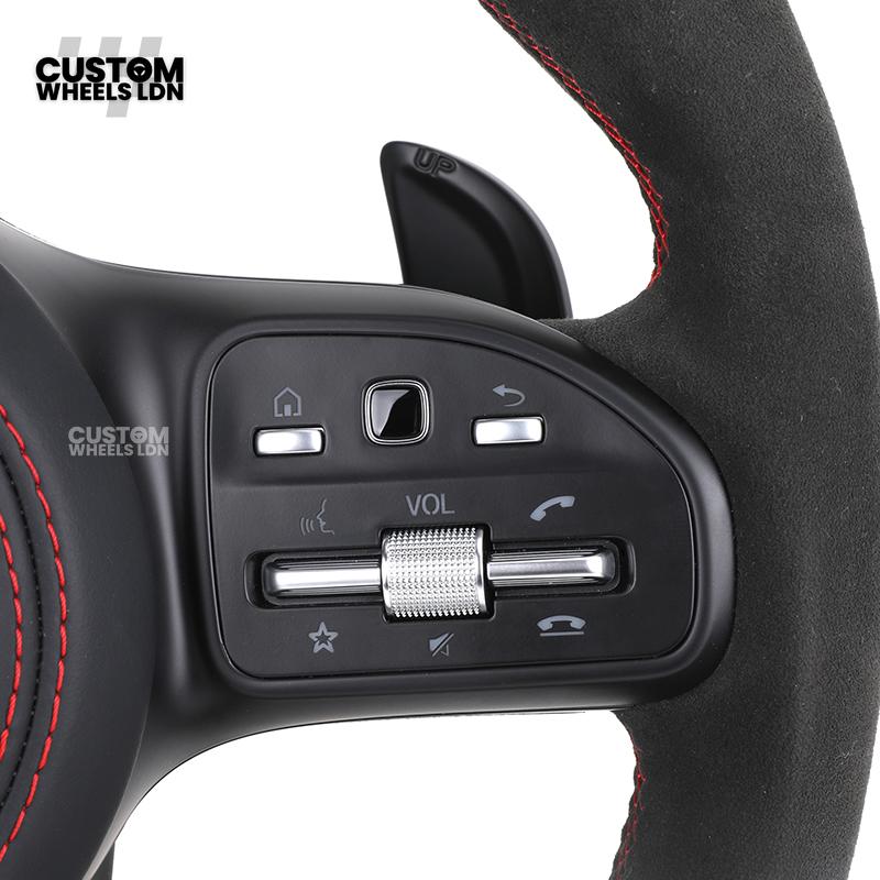 Mercedes Custom AMG Steering Wheel Flat Bottom Alcantara + Satin Carbon | Red Stitching & Marker | Complete Retrofit | Fits C-Class, E-Class, GLC, CLA, GLS, W205, W213, W222 + more