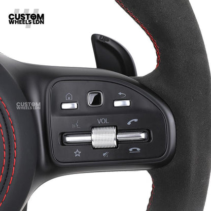 Mercedes Custom AMG Steering Wheel Flat Bottom Alcantara + Satin Carbon | Red Stitching & Marker | Complete Retrofit | Fits C-Class, E-Class, GLC, CLA, GLS, W205, W213, W222 + more
