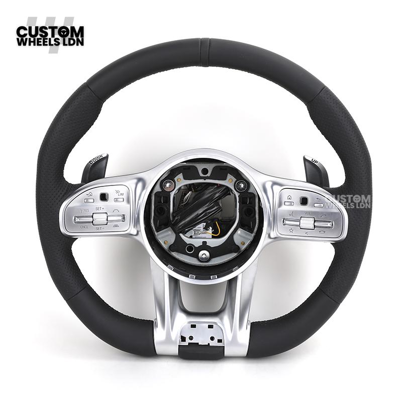 Mercedes Custom AMG Flat Bottom Steering Wheel – Full Black Leather, Black Stripe, Silver Trim, Touch Control Buttons, Silver Paddles, AMG Badge | Fits C-Class, E-Class, CLS, GLC, GLE, G-Class + more | Plug & Play | Retrofit Upgrade for Older Models