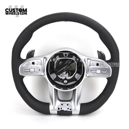 Mercedes Custom AMG Flat Bottom Steering Wheel – Full Black Leather, Black Stripe, Silver Trim, Touch Control Buttons, Silver Paddles, AMG Badge | Fits C-Class, E-Class, CLS, GLC, GLE, G-Class + more | Plug & Play | Retrofit Upgrade for Older Models