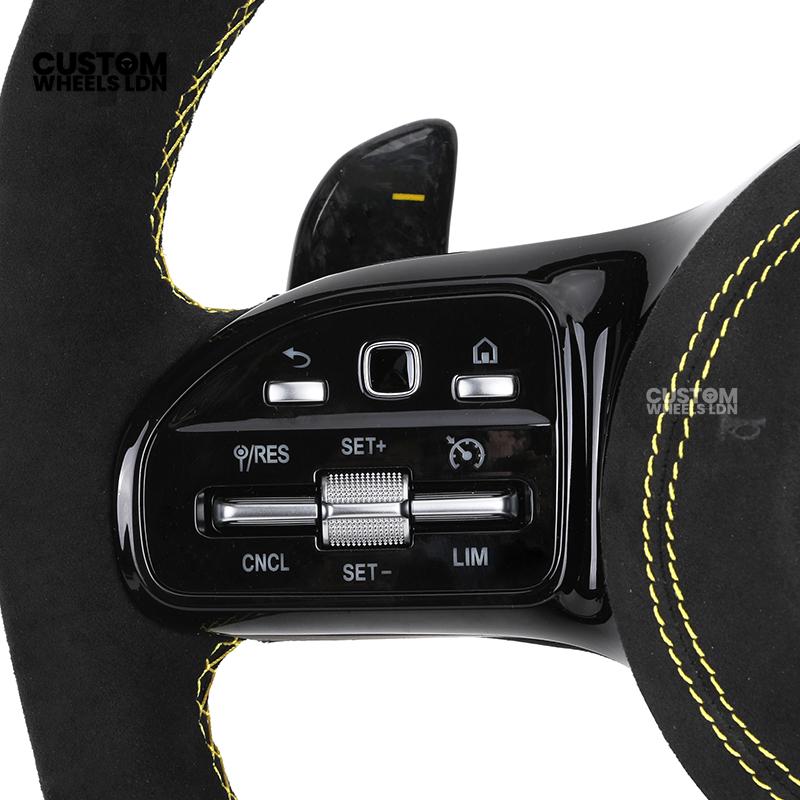 Mercedes Custom AMG Steering Wheel Alcantara & Forged Carbon | Yellow Stitching & Stripe | AMG Edition 1 | Paddle Shifters | Complete Retrofit | Fits GLC, GLE, CLS, E-Class, C-Class, W205, W213 + more