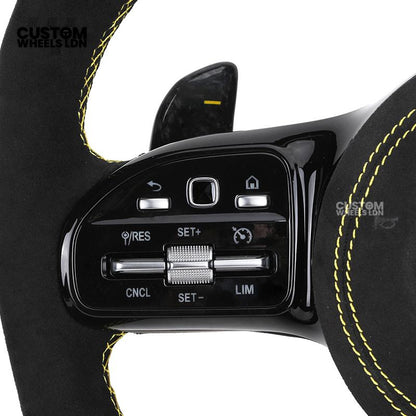Mercedes Custom AMG Steering Wheel Alcantara & Forged Carbon | Yellow Stitching & Stripe | AMG Edition 1 | Paddle Shifters | Complete Retrofit | Fits GLC, GLE, CLS, E-Class, C-Class, W205, W213 + more