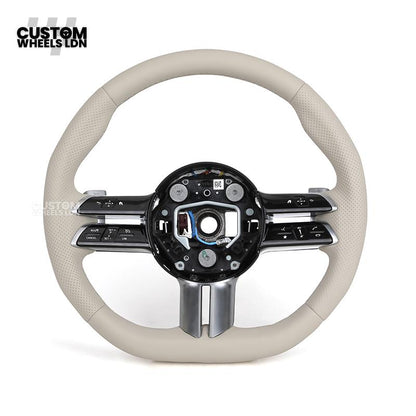 Mercedes Custom W223 Flat Bottom Steering Wheel – Beige Leather, Gloss Black Trim, Touch Control Buttons | Fits S-Class W223, GLE, GLS, E-Class W213 Facelift + more | Plug & Play | With Airbag | Retrofit Upgrade for Older Models Available