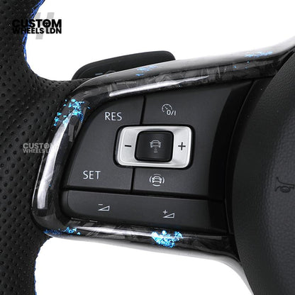 Volkswagen MK7 Custom Steering Wheel – Blue Forged Carbon with Blue Stitching & Stripe, Perforated Leather Grips | Fits Golf GTI, R, Scirocco + more | Plug & Play