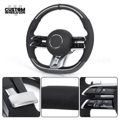 Mercedes Custom W223 AMG Flat Bottom Steering Wheel – Carbon Top & Bottom, Perforated Leather Grip, Gloss Black Trim, Touch Control Buttons | Fits C63, E63, S63, GLE, GLS, S-Class W223 + more | Plug & Play | With Airbag | Retrofit Upgrade for Older Models