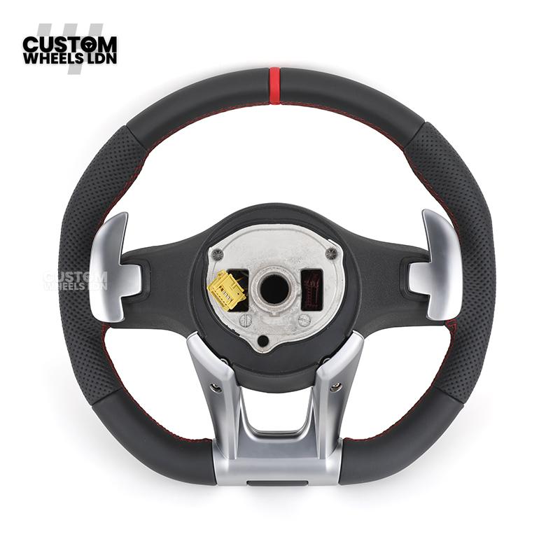 Mercedes Custom AMG Flat Bottom Steering Wheel – Black Leather, Red Stitching, Red Stripe, Silver Trim, Touch Buttons, Silver Paddles, AMG Badge | Fits C-Class, E-Class, CLS, GLC, GLE, G-Class + more | Plug & Play | Retrofit Upgrade for Older Models