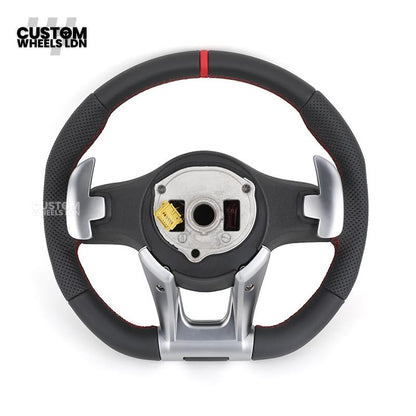 Mercedes Custom AMG Flat Bottom Steering Wheel – Black Leather, Red Stitching, Red Stripe, Silver Trim, Touch Buttons, Silver Paddles, AMG Badge | Fits C-Class, E-Class, CLS, GLC, GLE, G-Class + more | Plug & Play | Retrofit Upgrade for Older Models
