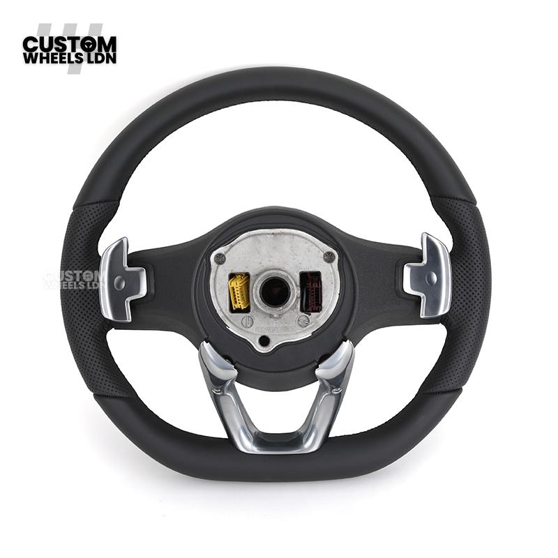 Mercedes Custom Steering Wheel – Satin Silver Spokes, Perforated Leather Grip, Flat Bottom Design | Complete Wheel with Airbag | Plug & Play | Retrofit for Older Models | Fits C-Class, E-Class, GLC, W205, W213, CLA + more