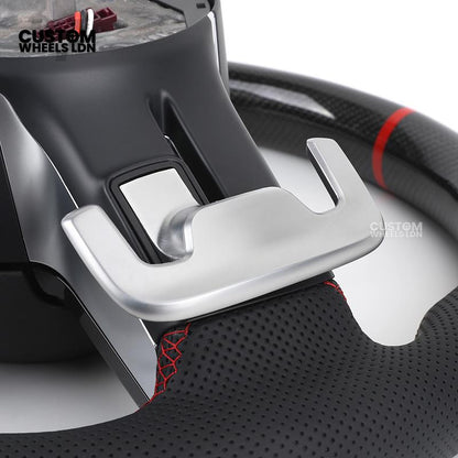 Mercedes Custom W223 AMG Flat Bottom Steering Wheel – Carbon Top & Bottom, Red Center Stripe, Perforated Grips, Silver Paddles, Touch Control Buttons | Fits C63, E63, S63, GLE, GLS, W223 + more | Plug & Play | With Airbag | Retrofit Upgrade for Older Mode