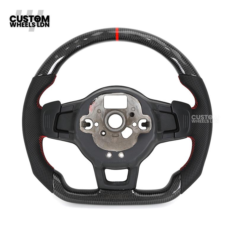 Volkswagen MK7 Custom Steering Wheel – Carbon Fibre with Red Centre Stripe, Perforated Leather Grips | Fits Golf GTI, R, Scirocco + more | Plug & Play