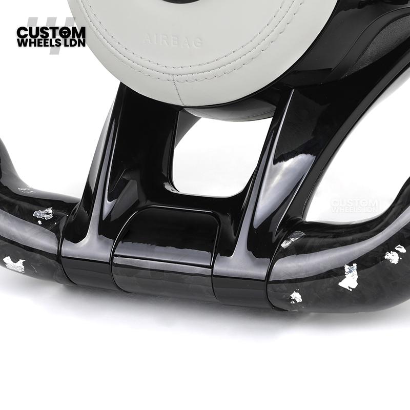Mercedes Custom AMG Flat Bottom Steering Wheel – White Leather & White Flake Forged Carbon, White Stripe, Black Trim, Touch Control Buttons, AMG Badge | Fits C-Class, E-Class, CLS, GLC, GLE, G-Class + more | Plug & Play | Retrofit Upgrade for Older Models