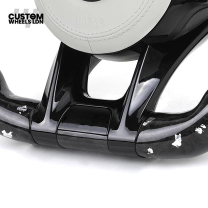 Mercedes Custom AMG Flat Bottom Steering Wheel – White Leather & White Flake Forged Carbon, White Stripe, Black Trim, Touch Control Buttons, AMG Badge | Fits C-Class, E-Class, CLS, GLC, GLE, G-Class + more | Plug & Play | Retrofit Upgrade for Older Models