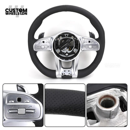 Mercedes Custom AMG Flat Bottom Steering Wheel – Full Black Leather, Black Stripe, Silver Trim, Touch Control Buttons, Silver Paddles, AMG Badge | Fits C-Class, E-Class, CLS, GLC, GLE, G-Class + more | Plug & Play | Retrofit Upgrade for Older Models
