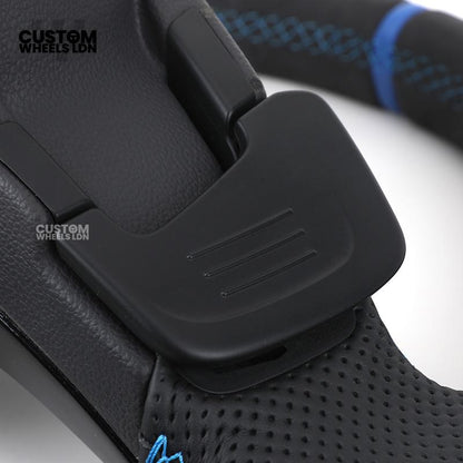 Volkswagen Custom Steering Wheel – Alcantara & Perforated Leather, Blue Centre Stripe, Flat Bottom, OEM Buttons | Fits Golf GTI, R, Polo, Passat + more | Plug & Play Retrofit Upgrade