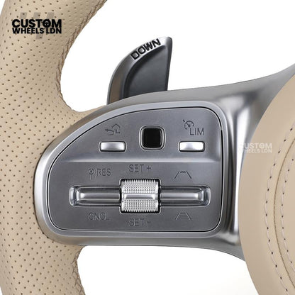 Mercedes Custom Steering Wheel | AMG Style Carbon Fibre with Beige Leather & Stripe | Silver Paddles | Complete Retrofit for Older Models | Fits W205 W204 W212 W213 W218 W207 + more