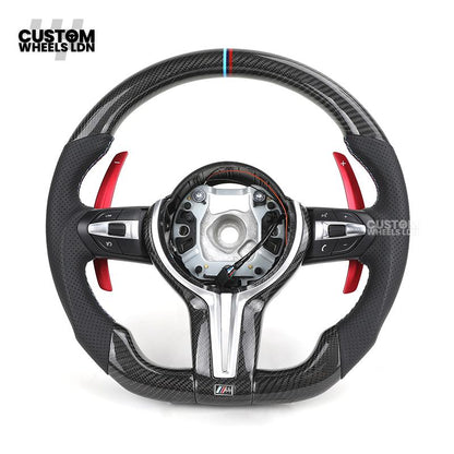 BMW Custom Carbon Fibre Steering Wheel – Red Paddles | Perforated Leather | M-Stripe Marker | Plug & Play | Fits 1 Series F20, 2 Series F22, 3 Series F30, 4 Series F32, M2, M3, M4, X1 F48, X2 F39, Z4 G29 + more