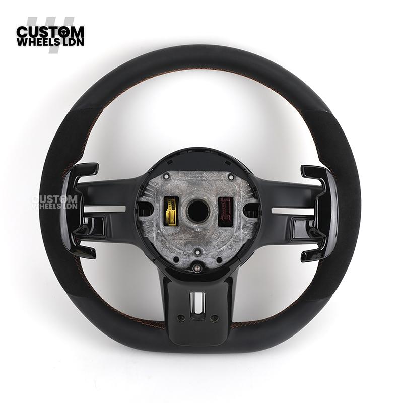Mercedes Custom W223 AMG Flat Bottom Steering Wheel – Black Leather & Alcantara, Tan Stitching, Gloss Black Trim, Black Badge, Touch Buttons | Fits GLE, GLS, G-Class, W223, S-Class + more | Plug & Play | With Airbag | Upgrade for older models available