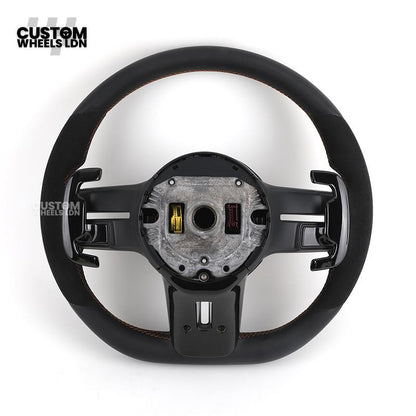 Mercedes Custom W223 AMG Flat Bottom Steering Wheel – Black Leather & Alcantara, Tan Stitching, Gloss Black Trim, Black Badge, Touch Buttons | Fits GLE, GLS, G-Class, W223, S-Class + more | Plug & Play | With Airbag | Upgrade for older models available