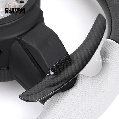 BMW Custom Carbon Fibre Steering Wheel – White Perforated Leather | M-Stripe Marker | Plug & Play | Fits older models