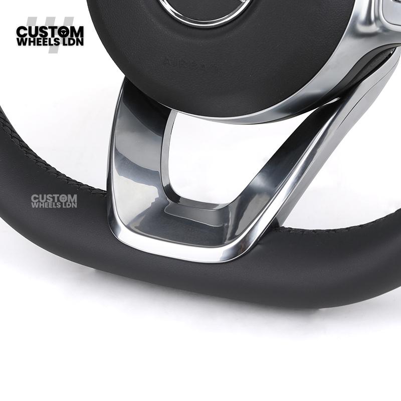 Mercedes Custom Steering Wheel – Satin Silver Spokes, Perforated Leather Grip, Flat Bottom Design | Complete Wheel with Airbag | Plug & Play | Retrofit for Older Models | Fits C-Class, E-Class, GLC, W205, W213, CLA + more