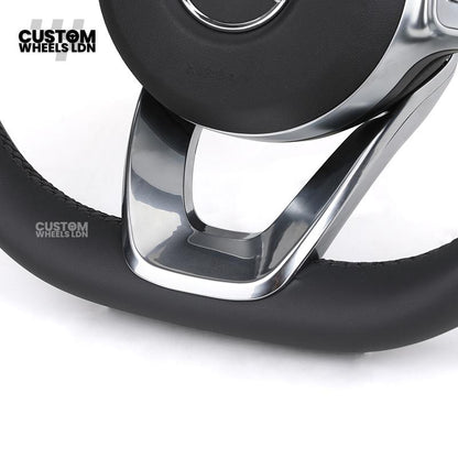 Mercedes Custom Steering Wheel – Satin Silver Spokes, Perforated Leather Grip, Flat Bottom Design | Complete Wheel with Airbag | Plug & Play | Retrofit for Older Models | Fits C-Class, E-Class, GLC, W205, W213, CLA + more
