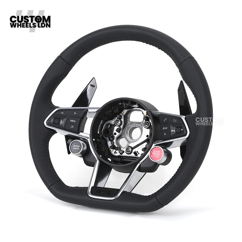 Audi Custom R8-Style Flat Bottom Steering Wheel – Black Leather, Gloss Black Paddles, Start Button, Retrofit Wiring Kit Included | Fits A4, A5, S5, A6, A7, Q5, SQ5 + more | Plug & Play | With Airbag | Upgrade for Older Models Available