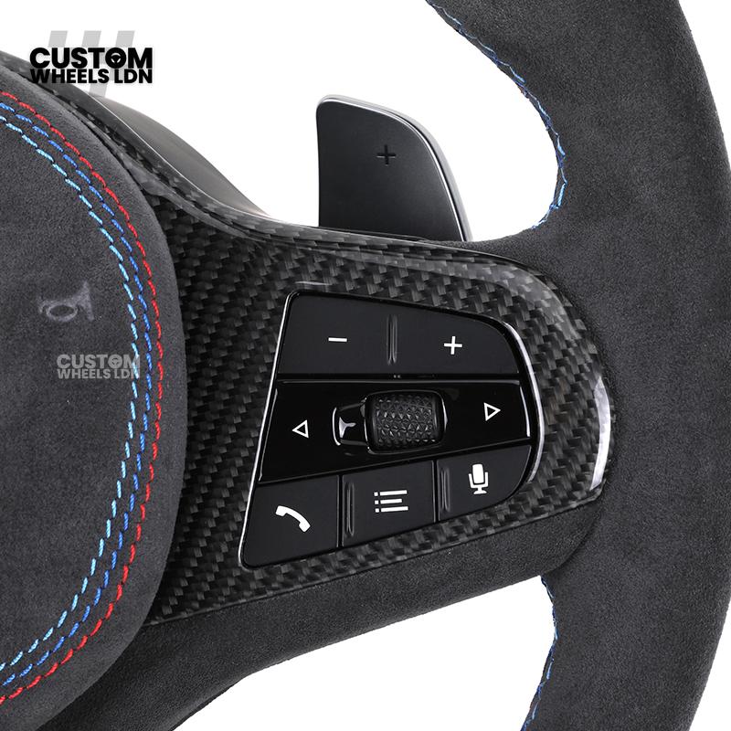 BMW Custom G-Series Steering Wheel – Gloss Wood Carbon, Flat Bottom, Alcantara Airbag – Fits G20 G21 G22 G30 G15 G05 G07 + more