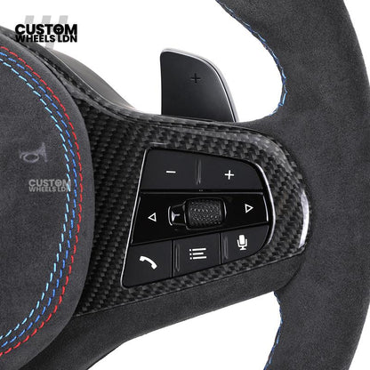 BMW Custom G-Series Steering Wheel – Gloss Wood Carbon, Flat Bottom, Alcantara Airbag – Fits G20 G21 G22 G30 G15 G05 G07 + more