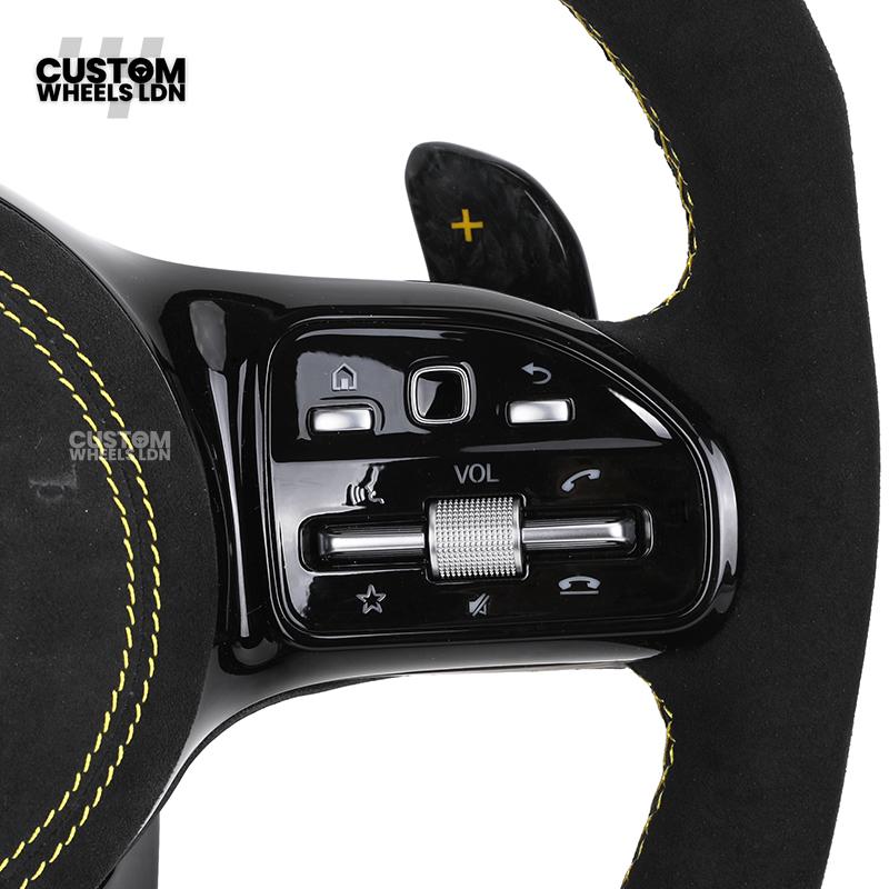 Mercedes Custom AMG Steering Wheel Alcantara & Forged Carbon | Yellow Stitching & Stripe | AMG Edition 1 | Paddle Shifters | Complete Retrofit | Fits GLC, GLE, CLS, E-Class, C-Class, W205, W213 + more