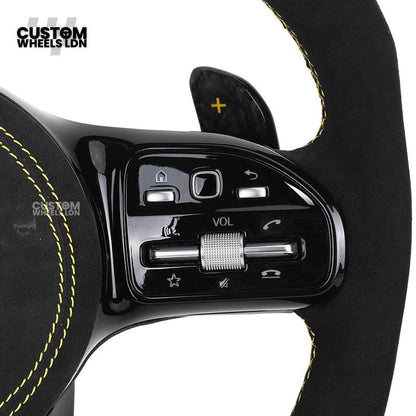 Mercedes Custom AMG Steering Wheel Alcantara & Forged Carbon | Yellow Stitching & Stripe | AMG Edition 1 | Paddle Shifters | Complete Retrofit | Fits GLC, GLE, CLS, E-Class, C-Class, W205, W213 + more