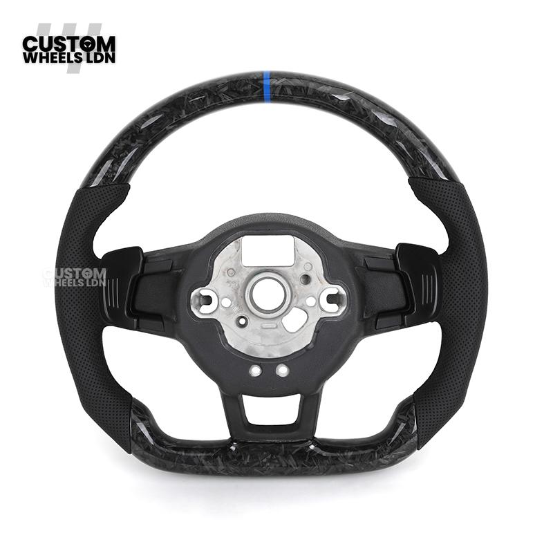 Volkswagen MK7 Custom Steering Wheel – Forged Carbon with Blue Centre Stripe & Perforated Leather Grips | Fits Golf GTI, R, Scirocco + more | Plug & Play Upgrade