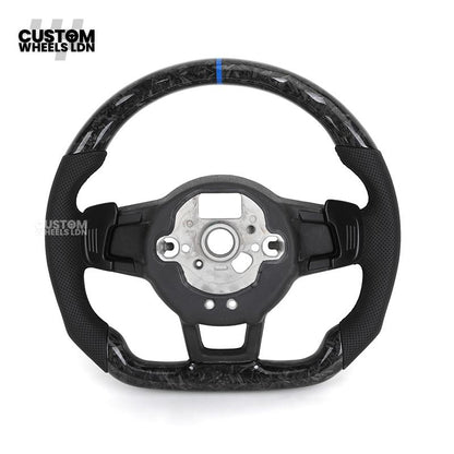 Volkswagen MK7 Custom Steering Wheel – Forged Carbon with Blue Centre Stripe & Perforated Leather Grips | Fits Golf GTI, R, Scirocco + more | Plug & Play Upgrade
