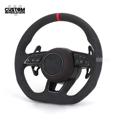 Audi Custom B9 Flat Bottom Steering Wheel – Alcantara Grip, Red Stitching, Red Centre Stripe, Black Paddles, RS3 Badge | Fits A3, S3, RS3, A4, S4, A5, S5, Q5, SQ5 + more | Plug & Play | With Airbag | Upgrade for Older Models Available