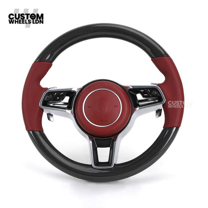 Porsche Custom Steering Wheel – Red Leather & Carbon Fibre with Chrome Trim | Fits 997, 991, Panamera, Cayenne, Cayman (2000+ Plug & Play)