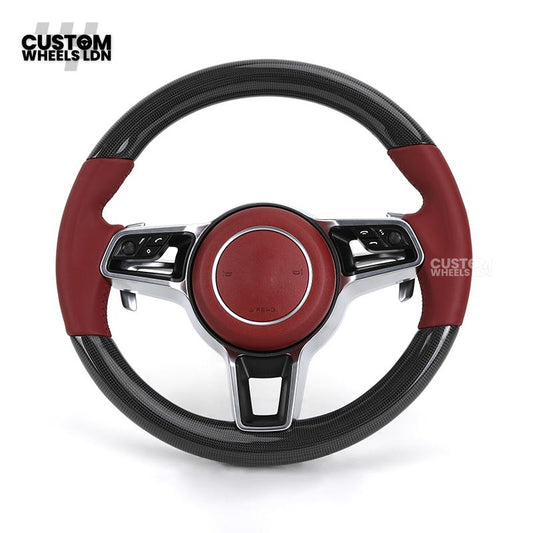 Porsche Custom Steering Wheel – Red Leather & Carbon Fibre with Chrome Trim | Fits 997, 991, Panamera, Cayenne, Cayman (2000+ Plug & Play)