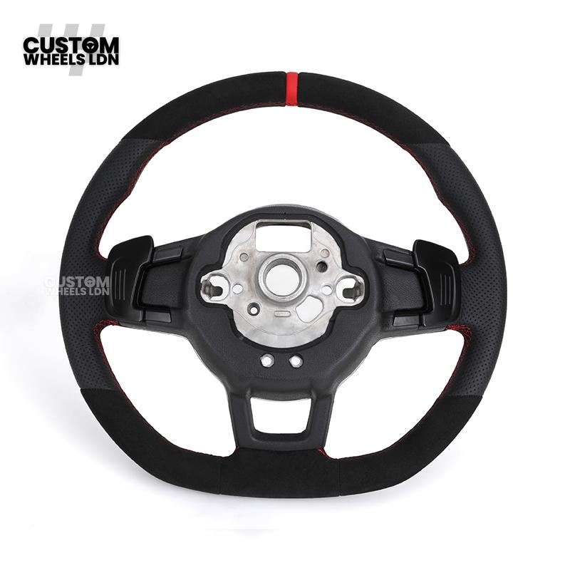 Volkswagen Custom Steering Wheel – Alcantara Top & Bottom, Perforated Leather Grips, Red Stripe, Flat Bottom, OEM Buttons | Fits Golf MK7/7.5, GTI, R, Polo + more | Plug & Play Upgrade