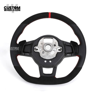 Volkswagen Custom Steering Wheel – Alcantara Top & Bottom, Perforated Leather Grips, Red Stripe, Flat Bottom, OEM Buttons | Fits Golf MK7/7.5, GTI, R, Polo + more | Plug & Play Upgrade