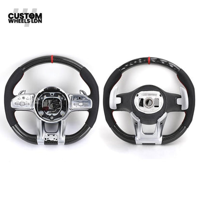 Mercedes Custom AMG Steering Wheel Carbon & Black Leather | Red Centre Stripe | AMG Style | Paddle Shifters | Complete Retrofit | Fits A-Class, C-Class, E-Class, GLC, CLA, W176, W205 + more