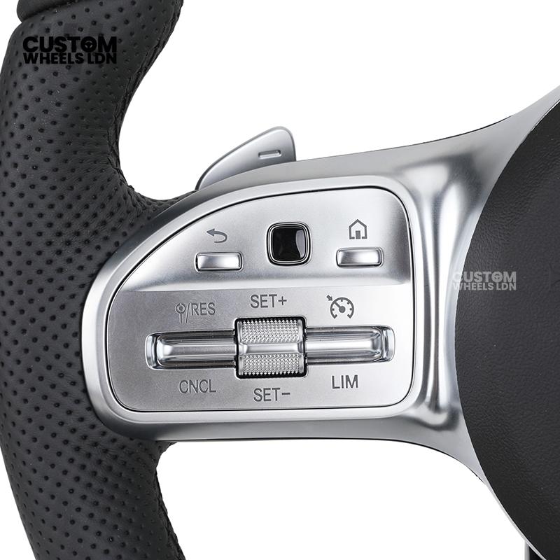 Mercedes Custom Steering Wheel – Satin Silver Spokes, Perforated Leather Grip, Flat Bottom Design | Complete Wheel with Airbag | Plug & Play | Retrofit for Older Models | Fits C-Class, E-Class, GLC, W205, W213, CLA + more