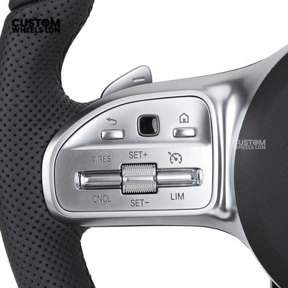 Mercedes Custom Steering Wheel – Satin Silver Spokes, Perforated Leather Grip, Flat Bottom Design | Complete Wheel with Airbag | Plug & Play | Retrofit for Older Models | Fits C-Class, E-Class, GLC, W205, W213, CLA + more