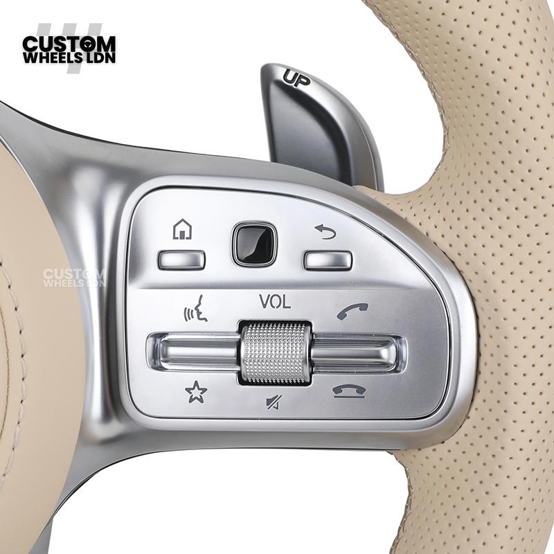 Mercedes Custom Steering Wheel | AMG Style Carbon Fibre with Beige Leather & Stripe | Silver Paddles | Complete Retrofit for Older Models | Fits W205 W204 W212 W213 W218 W207 + more