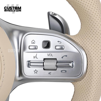 Mercedes Custom Steering Wheel | AMG Style Carbon Fibre with Beige Leather & Stripe | Silver Paddles | Complete Retrofit for Older Models | Fits W205 W204 W212 W213 W218 W207 + more