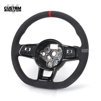 VW MK7 Custom Steering Wheel | Alcantara Wrap, Red Centre Stripe, Full Plug & Play Complete Wheel | Fits Golf MK7, GTI, R + more